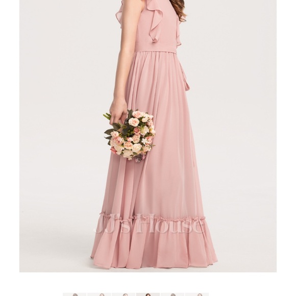 Junior Dress, A line floor length chiffon with bow cascading ruffles. - Picture 3 of 9